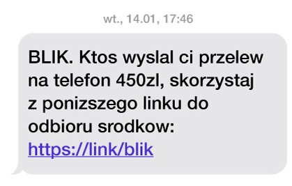 Oszustwo w SMS z linkiem do odbioru przelewu BLIK